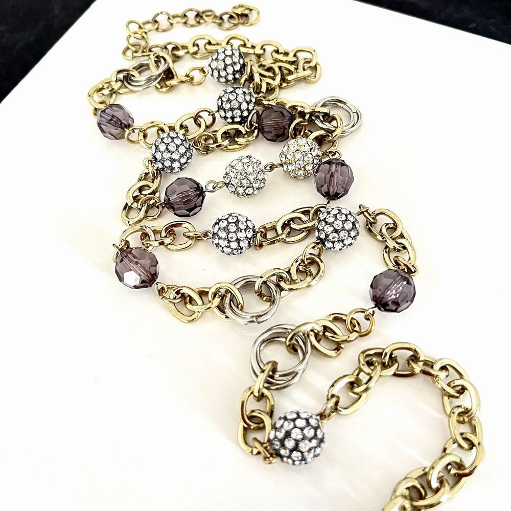 New Statement Necklace Gold Pave Crystals Glass Beads Long - 3X